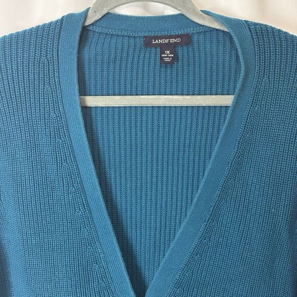 Lands End Women’s 1X Chunky Knit Cardigan Sweater Teal Blue Button Grandma Cozy - Picture 3 of 7